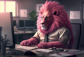 Portrait of an anthropomorphic pink lion as a developer in the office. . photo