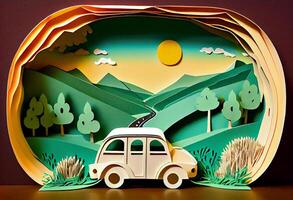 Paper art , Car on a road , one day trip in the summer , Escape from the city with goes on holiday weekend. photo