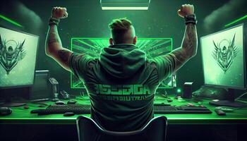 Professional eSports gamer rejoices in the victory and green game room background. . photo