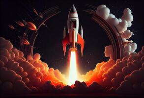 Startup of rocket to space and copy space for start up business and advertise. photo