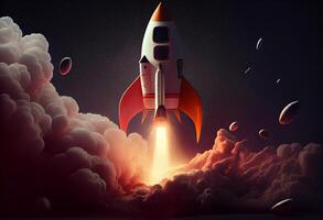 Startup of rocket to space and copy space for start up business and advertise. photo