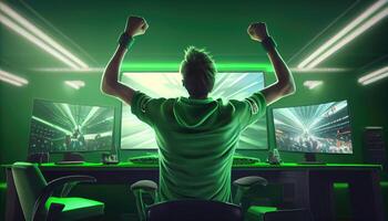 Professional eSports gamer rejoices in the victory and green game room background. . photo