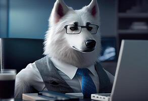 Portrait of an anthropomorphic polar wolf as a developer in the office. . photo