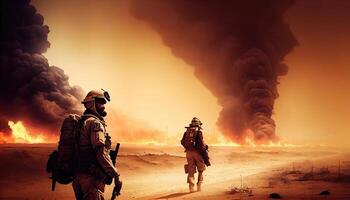 Military special forces soldiers crosses destroyed warzone through fire and smoke in the desert. . photo