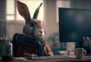 Portrait of an anthropomorphic rabbit as a developer in the office. . photo