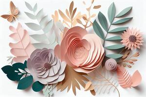 Abstract cut paper flowers isolated on white, botanical background, festive floral arrangement. Rose, daisy, dahlia, butterfly and leaves in pastel color palette. Simple modern wall decor. Generate Ai photo