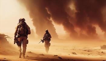 Military special forces soldiers crosses destroyed warzone through fire and smoke in the desert. . photo