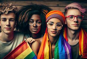 Diverse young friends celebrating gay pride festival - LGBTQ community concept. AI Generated. photo