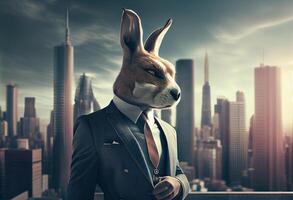 Portrait of an anthropomorphic rabbit businessman roaming the city streets. . photo