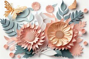 Abstract cut paper flowers isolated on white, botanical background, festive floral arrangement. Rose, daisy, dahlia, butterfly and leaves in pastel color palette. Simple modern wall decor. Generate Ai photo