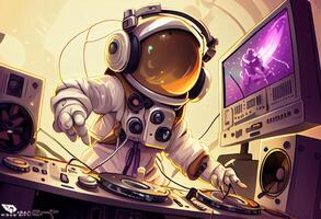 Photo of cartoon spaceman djing.