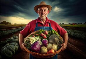 granjero sostiene un cesta de cosechado vegetales en contra el antecedentes de un granja. cosecha. ai generado. foto