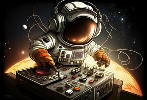 Photo of cartoon spaceman djing.