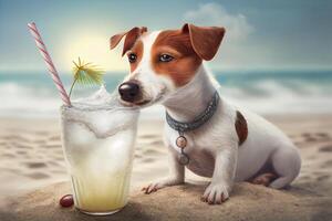 Cute dog - jack Russell terrier, enjoying on the beach with a coconut drink. photo