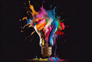 Creative light bulb explodes with splashes of multi-colored paint on a dark background. photo