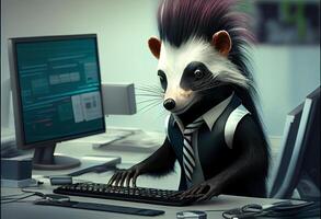 Portrait of an anthropomorphic skunk as a developer in the office. . photo