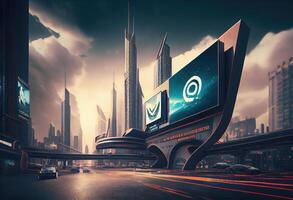 Futuristic city with billboards . . photo
