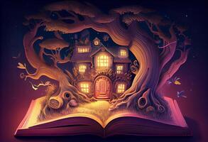 Illustration of a magical book that contains fantastic stories. photo