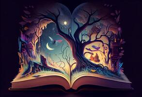 ilustración de un mágico libro ese contiene fantástico cuentos. ai generado foto