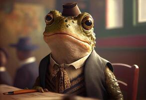 Portrait of an anthropomorphic toad dressed as a schoolboy in a classroom. . photo
