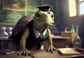 Portrait of an anthropomorphic turtle dressed as a schoolboy in a classroom. . photo