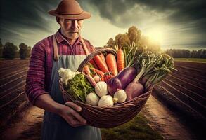 granjero sostiene un cesta de cosechado vegetales en contra el antecedentes de un granja. cosecha. ai generado. foto