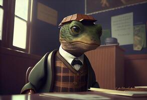 Portrait of an anthropomorphic turtle dressed as a schoolboy in a classroom. . photo