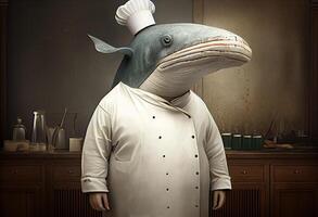 Portrait of an anthropomorphic whale in a Restaurant chef costume. . photo