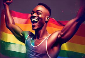 Happy African gay man celebrating pride festival - LGBTQ community concept. . photo