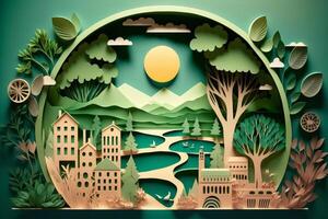 Paper art style , Paper cut of eco city design Green energy concept and environment conservation. photo