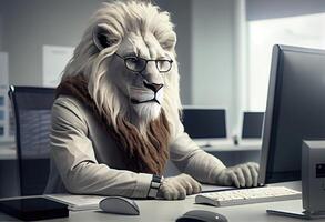 Portrait of an anthropomorphic white lion as a developer in the office. . photo