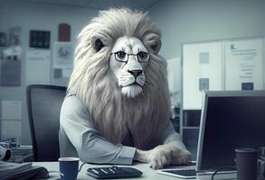 Portrait of an anthropomorphic white lion as a developer in the office. . photo