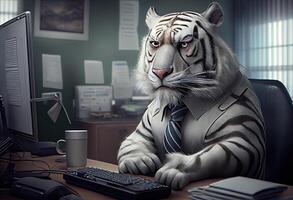 retrato de un antropomórfico blanco Tigre como un desarrollador en el oficina. ai generado. foto