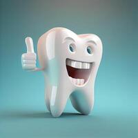 3d realista contento blanco diente , diente dibujos animados caracteres con pulgares arriba en brillante antecedentes , limpieza y blanqueo dientes concepto. ai generado foto