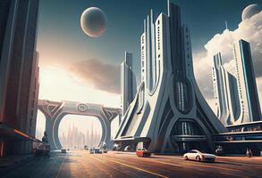 Futuristic city with billboards . . photo