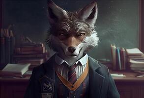 retrato de un antropomórfico lobo vestido como un colegial en un aula. ai generado. foto