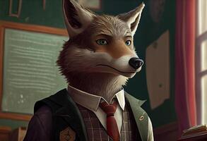 retrato de un antropomórfico lobo vestido como un colegial en un aula. ai generado. foto