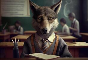 Portrait of an anthropomorphic wolf dressed as a schoolboy in a classroom. . photo