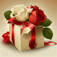 Pretty present with red roses, on bright background. photo