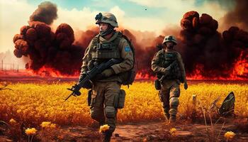 Military special forces soldiers crosses destroyed warzone through fire and smoke in a spring flower field . photo