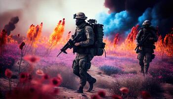 Military special forces soldiers crosses destroyed warzone through fire and smoke in a spring flower field . photo