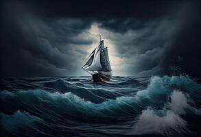 Sailboat against a background of sea and storm. . photo