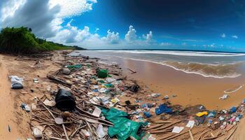 A beach full of garbage and plastic waste. . photo