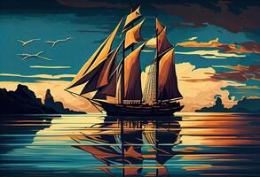 Sailboat against a background of sea digital painting . photo