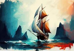Sailboat against a background of sea digital painting . photo