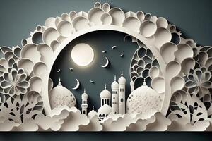 illustration of abstract paper cut mosque, crescent, pattern, window and street for greeting card. . photo