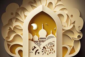 illustration of abstract paper cut mosque, crescent, pattern, window and street for greeting card. . photo