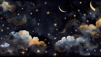 Seamless pattern of the night sky with gold foil constellations stars and clouds watercolor. . photo