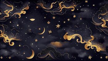 Seamless pattern of the night sky with gold foil constellations stars and clouds watercolor. . photo