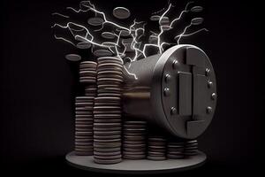 A big magnet attracts a lot of money on a black background. photo